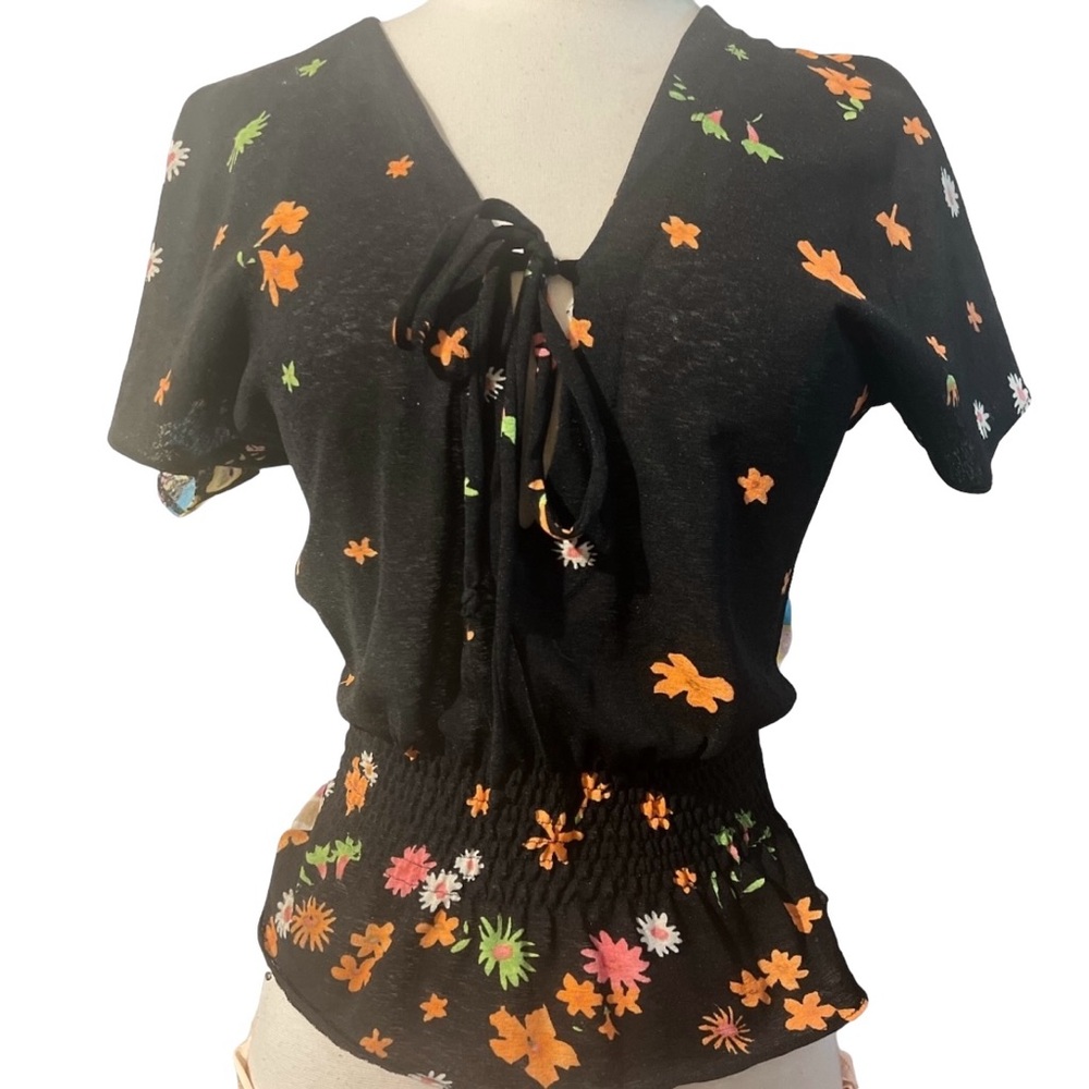 Black Floral Blouse with Flutter Sleeves & Elastic Waist, Made in Spain, Small